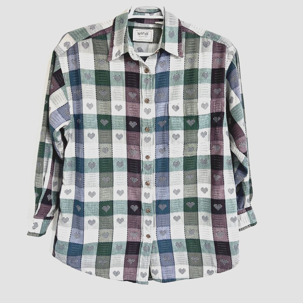 Vtg. Krazy Kat Shirt Mens 14/16 Cotton Green Heart Check Plaid  Long‎ Sleeve